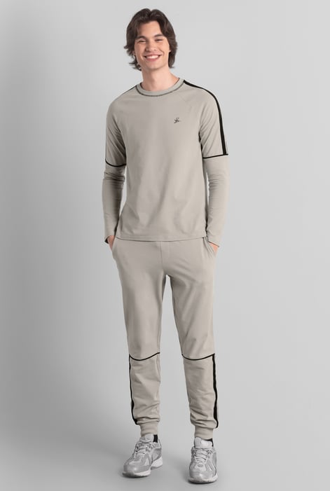 Beige Stretch Jersey Long Sleeve Tee And Jogger Set