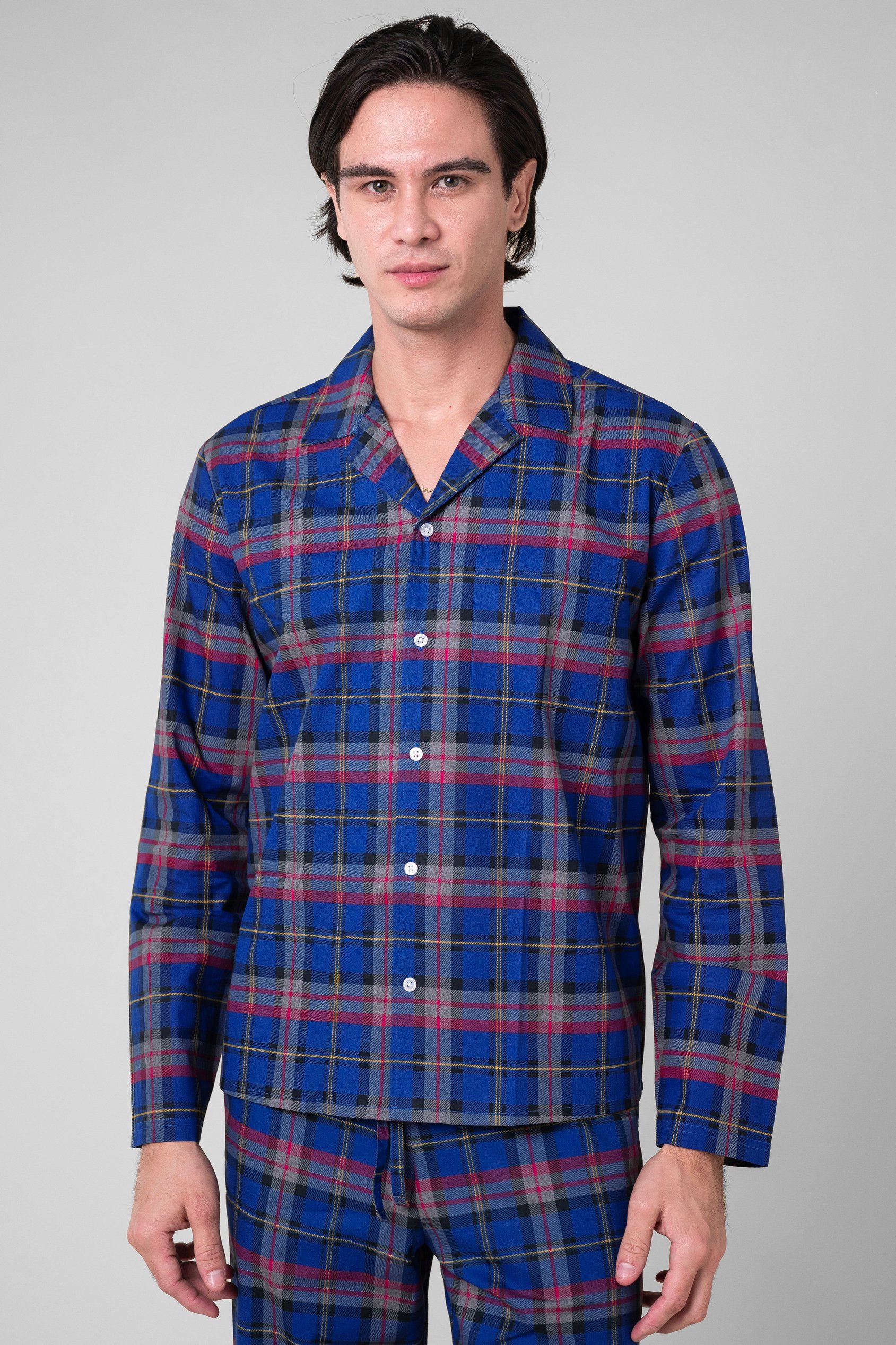 Enorsia Men's Multicoloured Red-Blue Check Printed Nightwear Shirt - Uk L