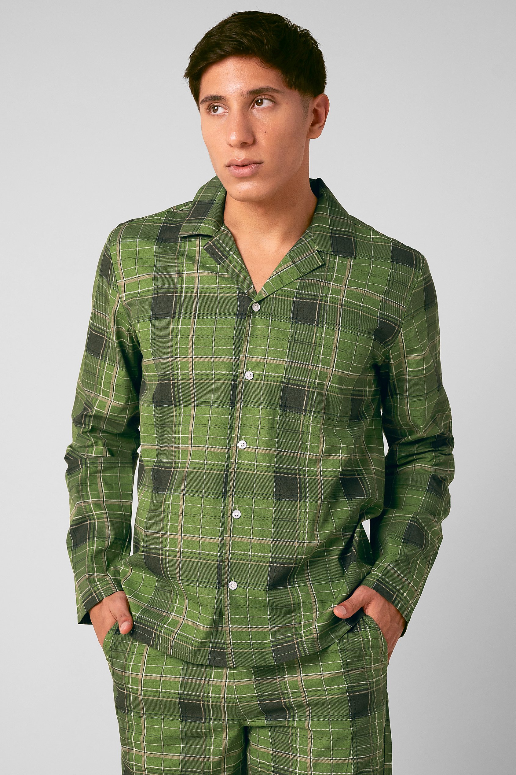 Enorsia Men's Multicoloured Green-Grey Check Printed Nightwear Shirt - Uk S