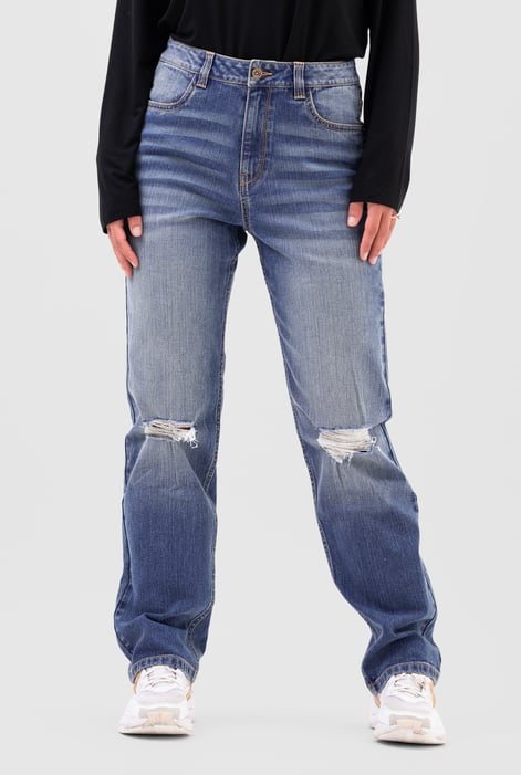 Womens Mid Blue Straight Fit Ripped Jeans