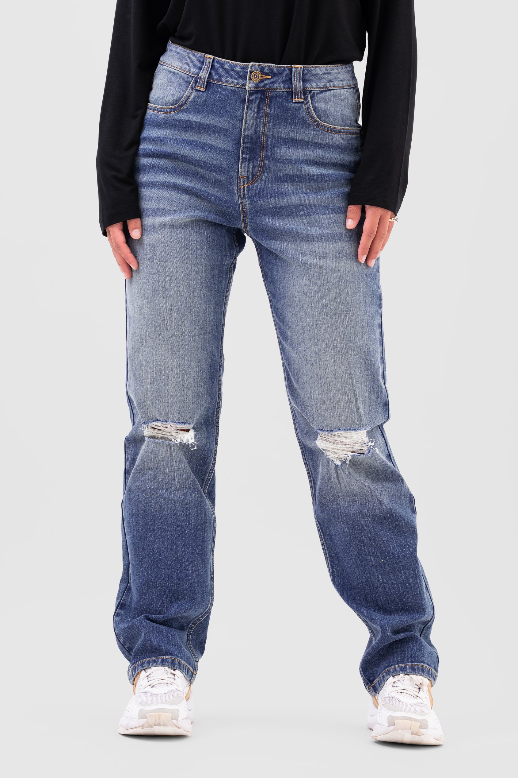 Enorsia Women's Mid Blue Straight Fit Ripped Jeans - Uk 16