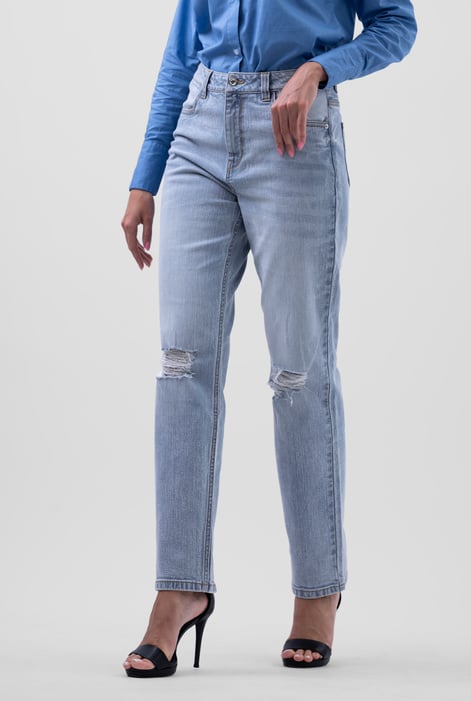 Womens Mid Blue Straight Fit Ripped Jeans