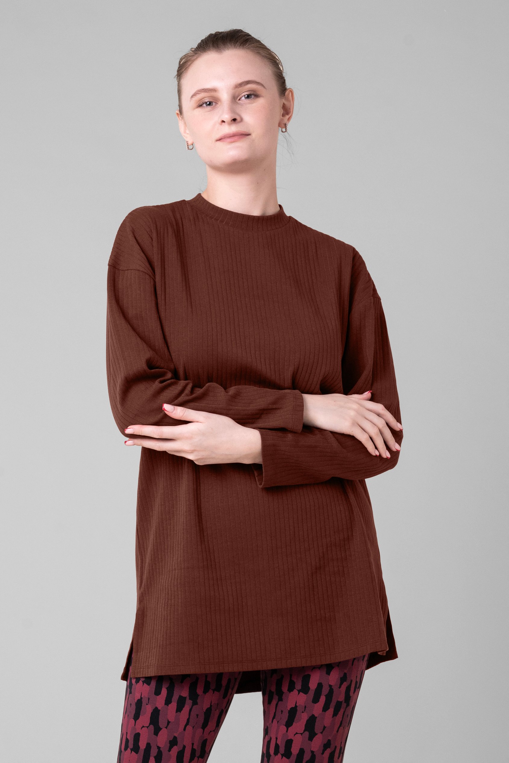 Enorsia Women's Brown Oversize Texture Rib Tops - Uk 16