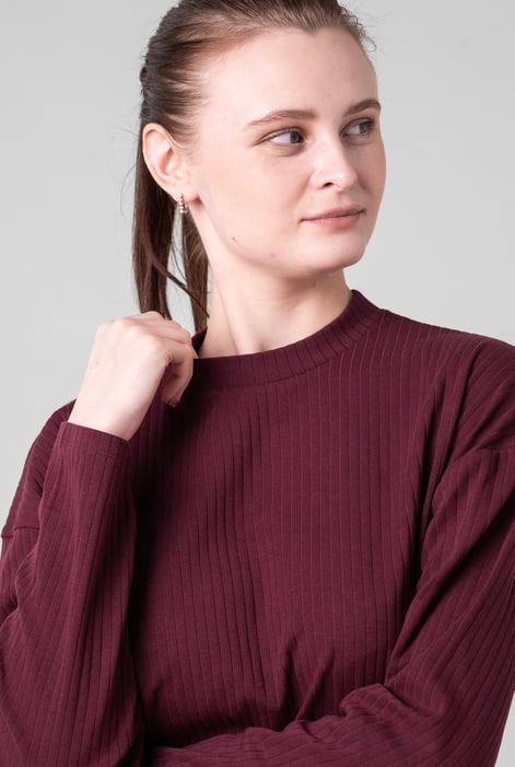 Women Red Oversize Texture Rib Tops