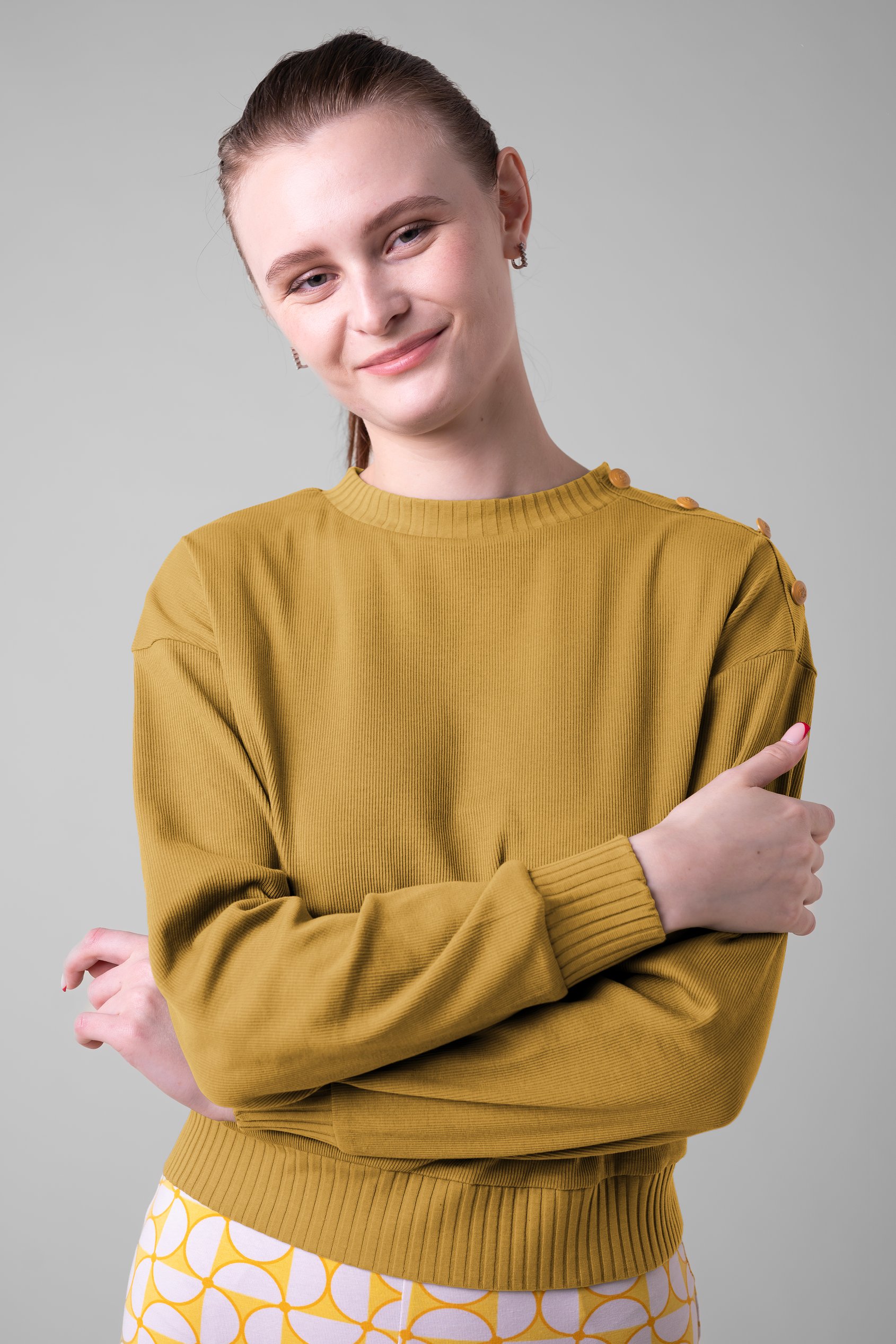 Enorsia Women's Yellow Button Shoulder Crewneck Sweatshirt - Uk 18