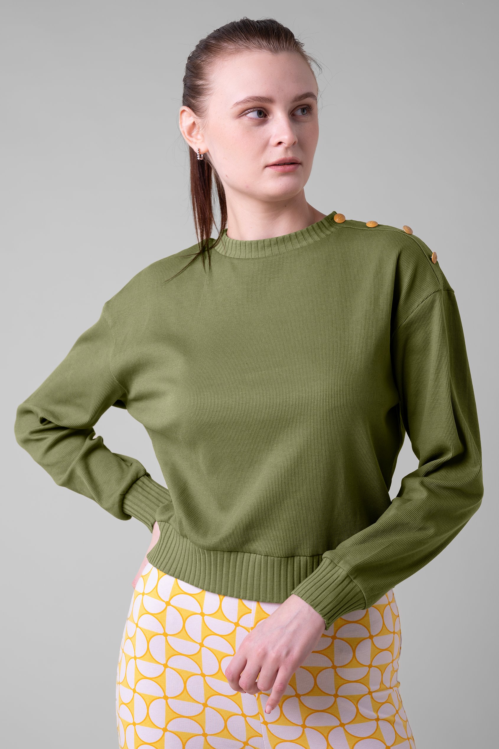 Enorsia Women's Green Button Shoulder Crewneck Sweatshirt - Uk 18