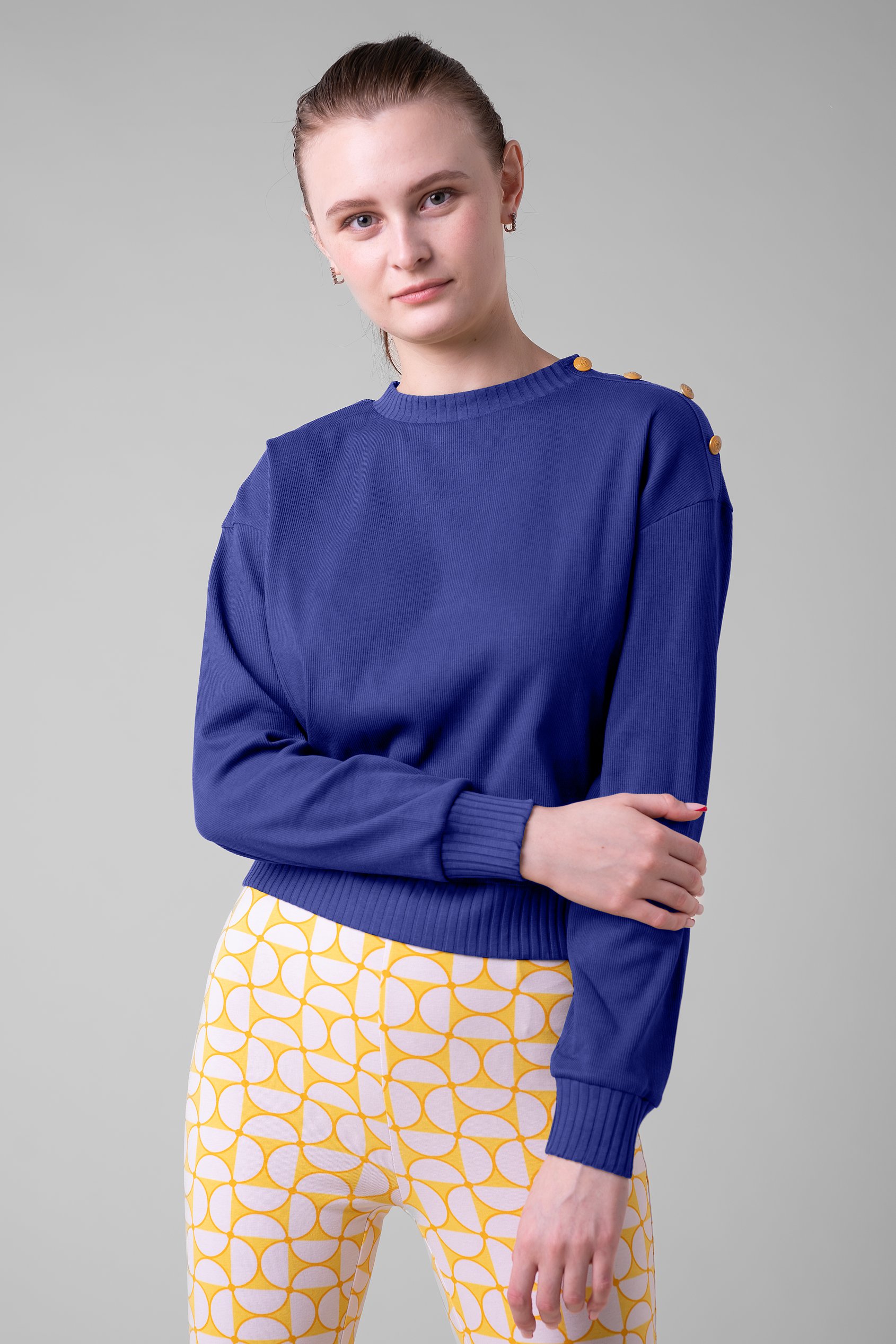 Enorsia Women's Navy Button Shoulder Crewneck Sweatshirt - Uk 18
