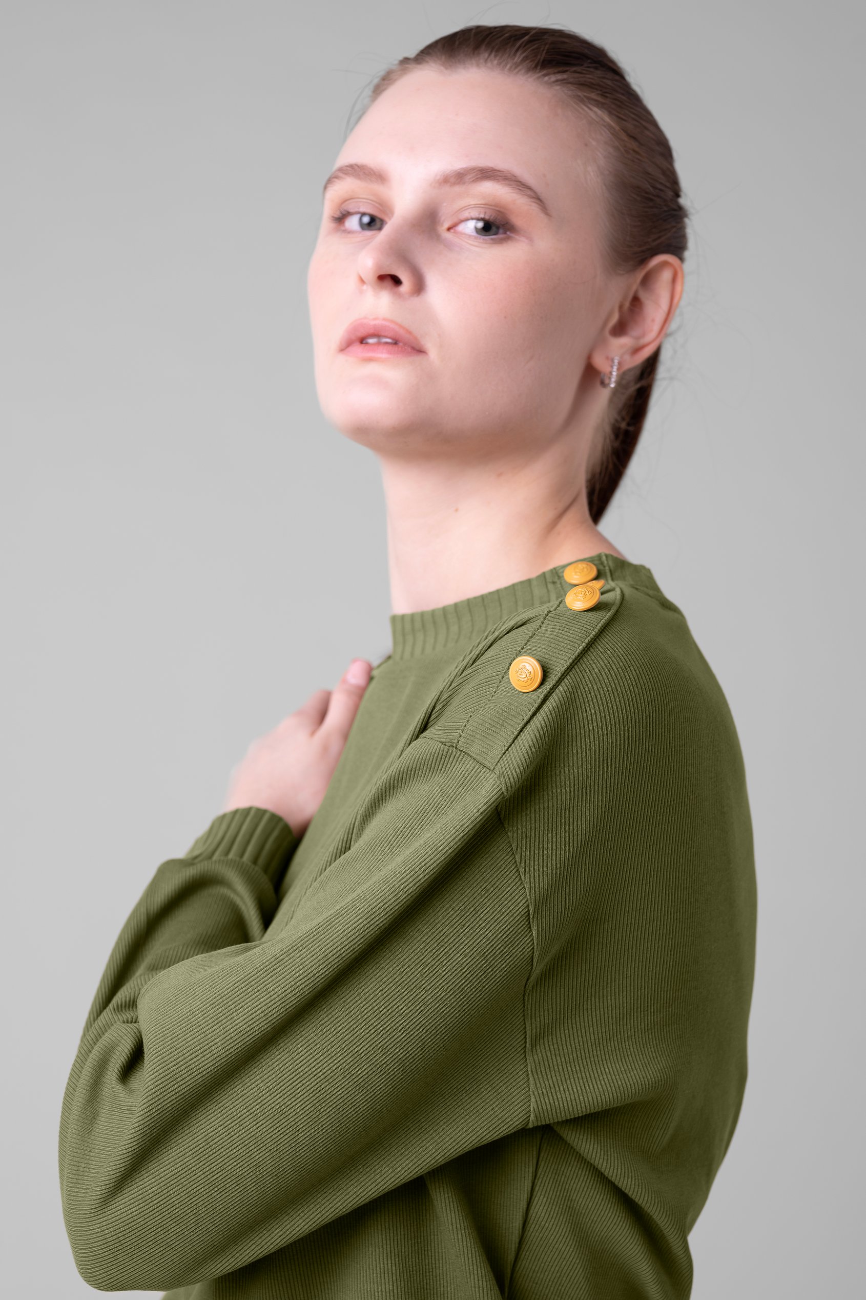 Button Shoulder Crewneck Sweatshirt