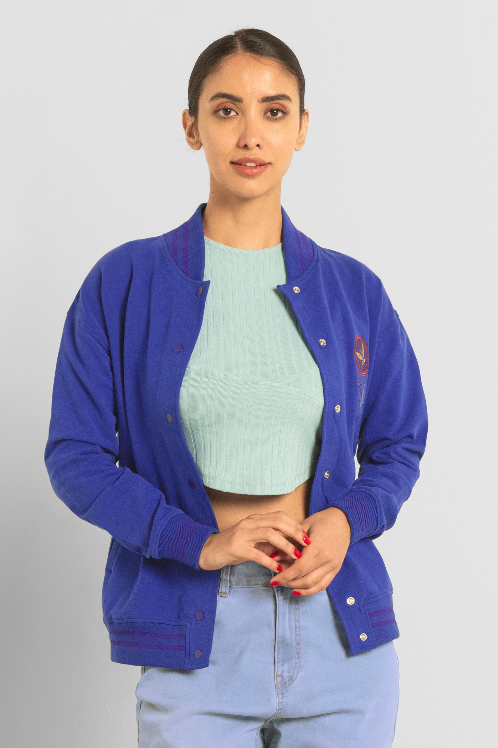 Enorsia Women's Blue Jersey Bomber Jacket - Uk 10