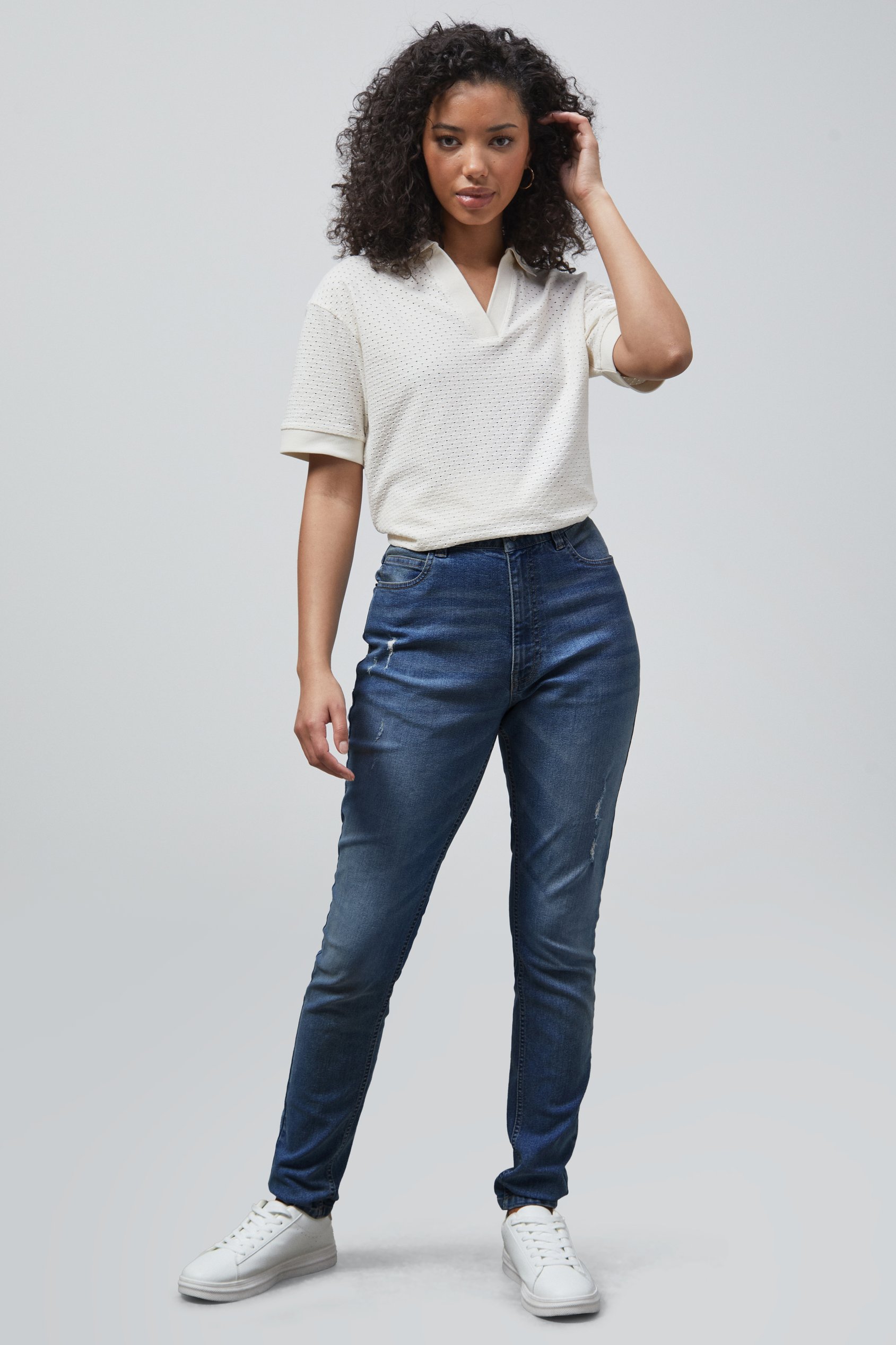 Enorsia Women's Mid Blue High Waist Regular Length Distressed Jeans - Uk 18