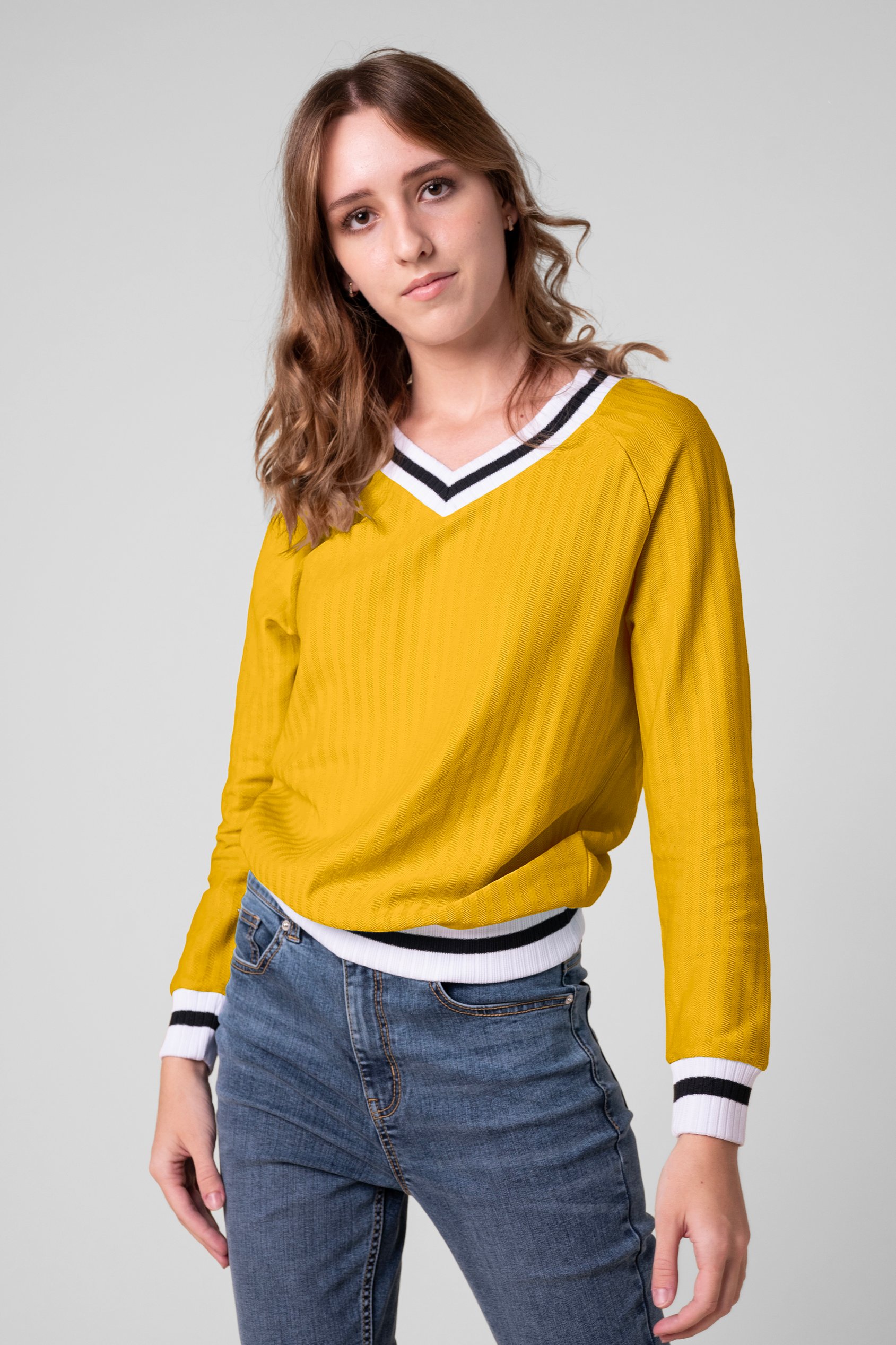 Enorsia Women's Yellow V-Neck Herringbone Effect Sweatshirts - Uk 18