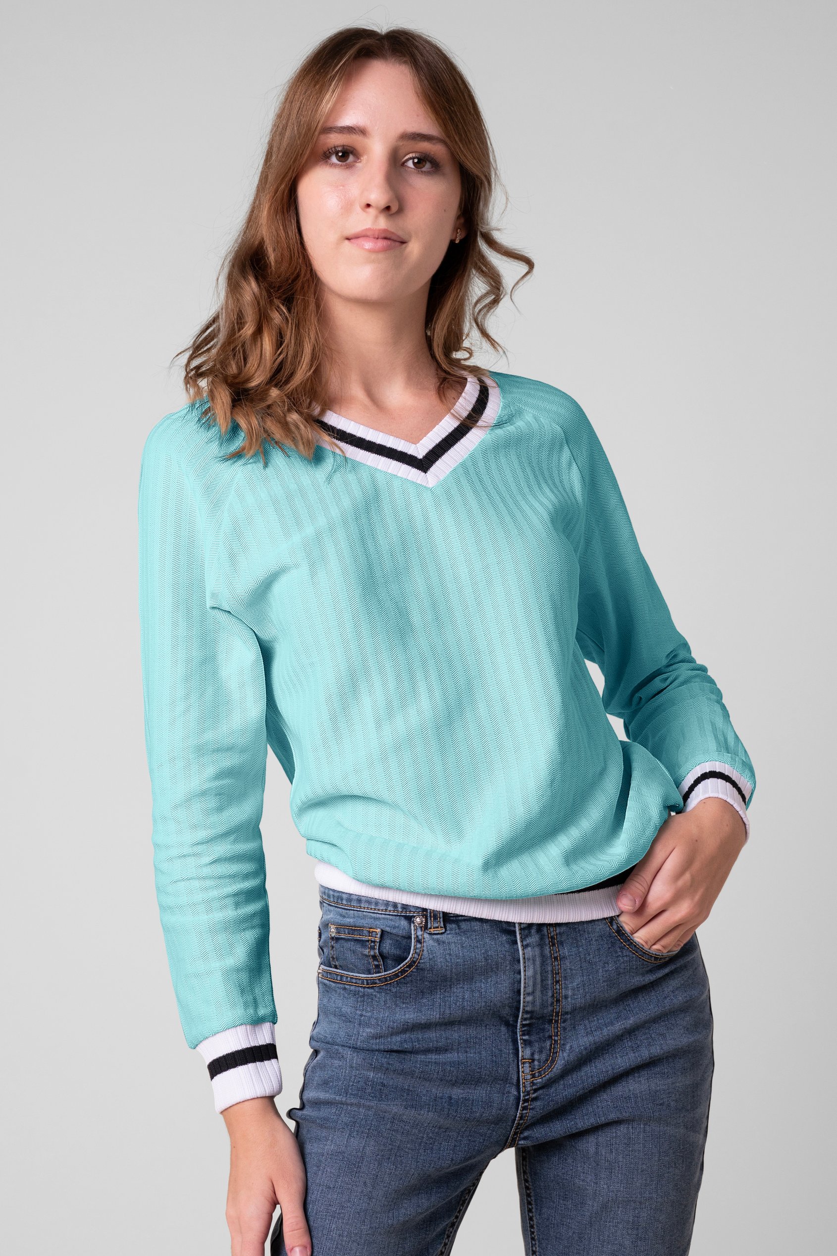 Enorsia Women's Blue V-Neck Herringbone Effect Sweatshirts - Uk 16