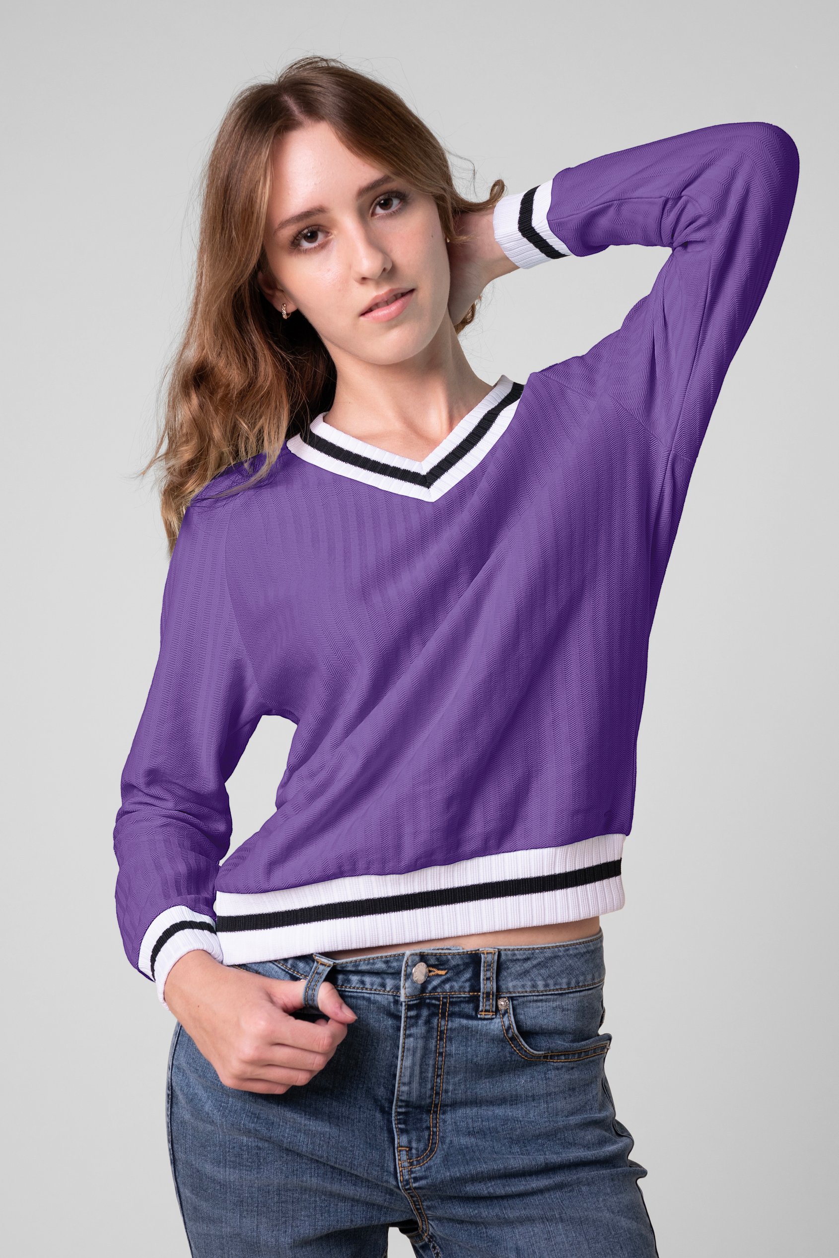 Enorsia Women's Purple V-Neck Stripe Detail Pullover - Uk 12