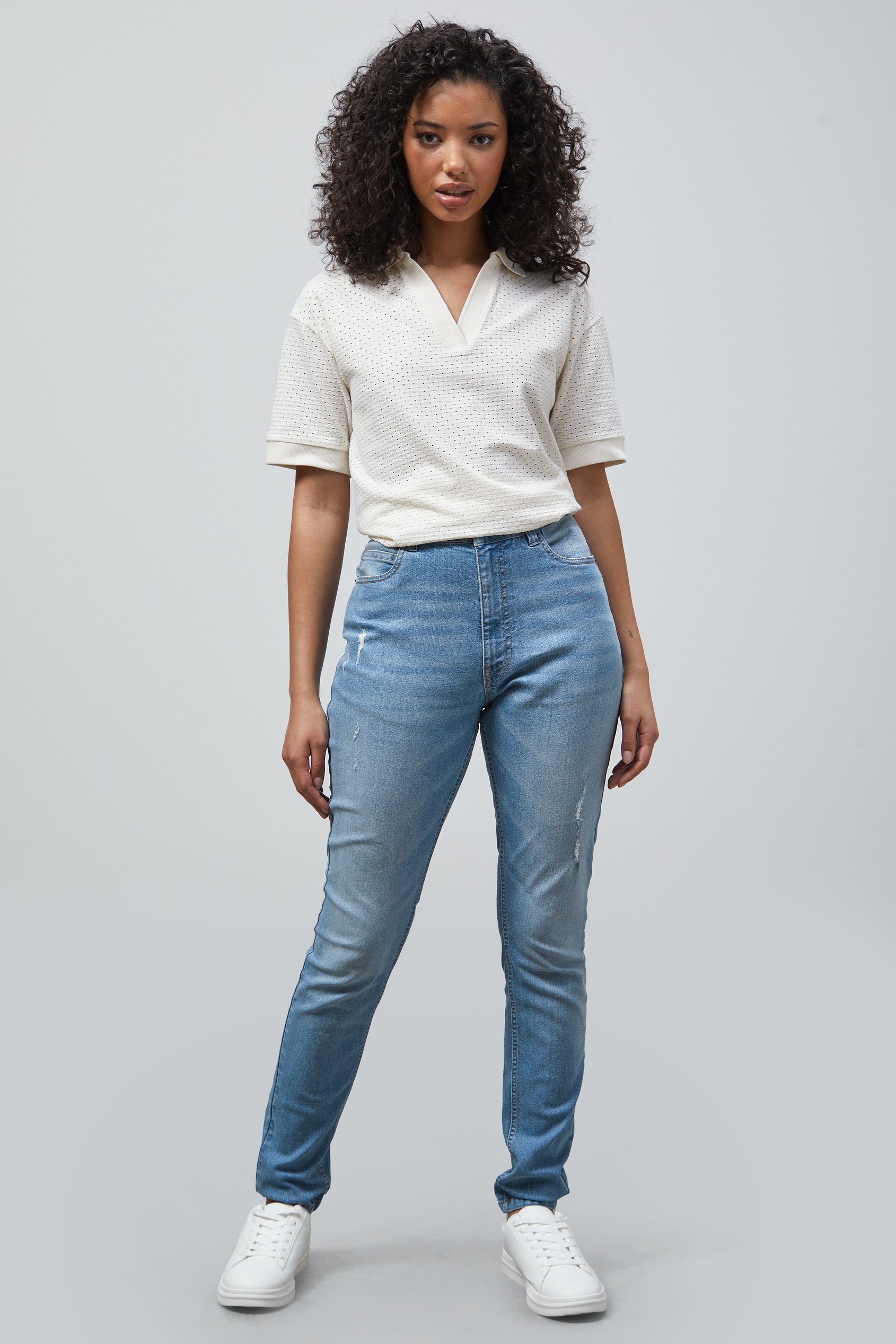 Enorsia Women's Light Blue High Waist Regular Length Distressed Jeans - Uk 12