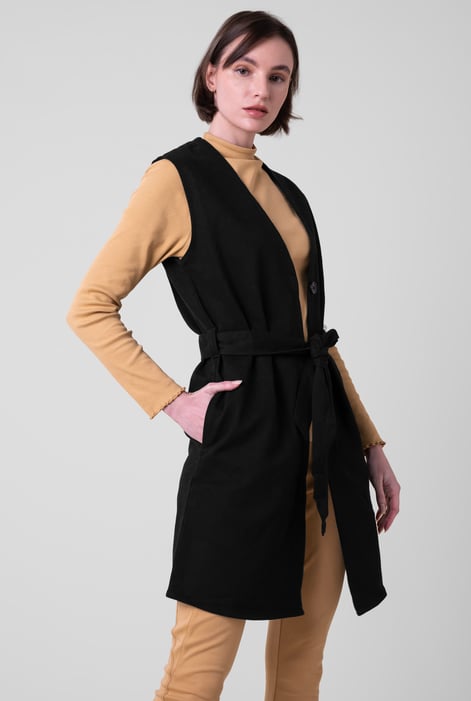 Womens Black Sleeveless Belted Coat