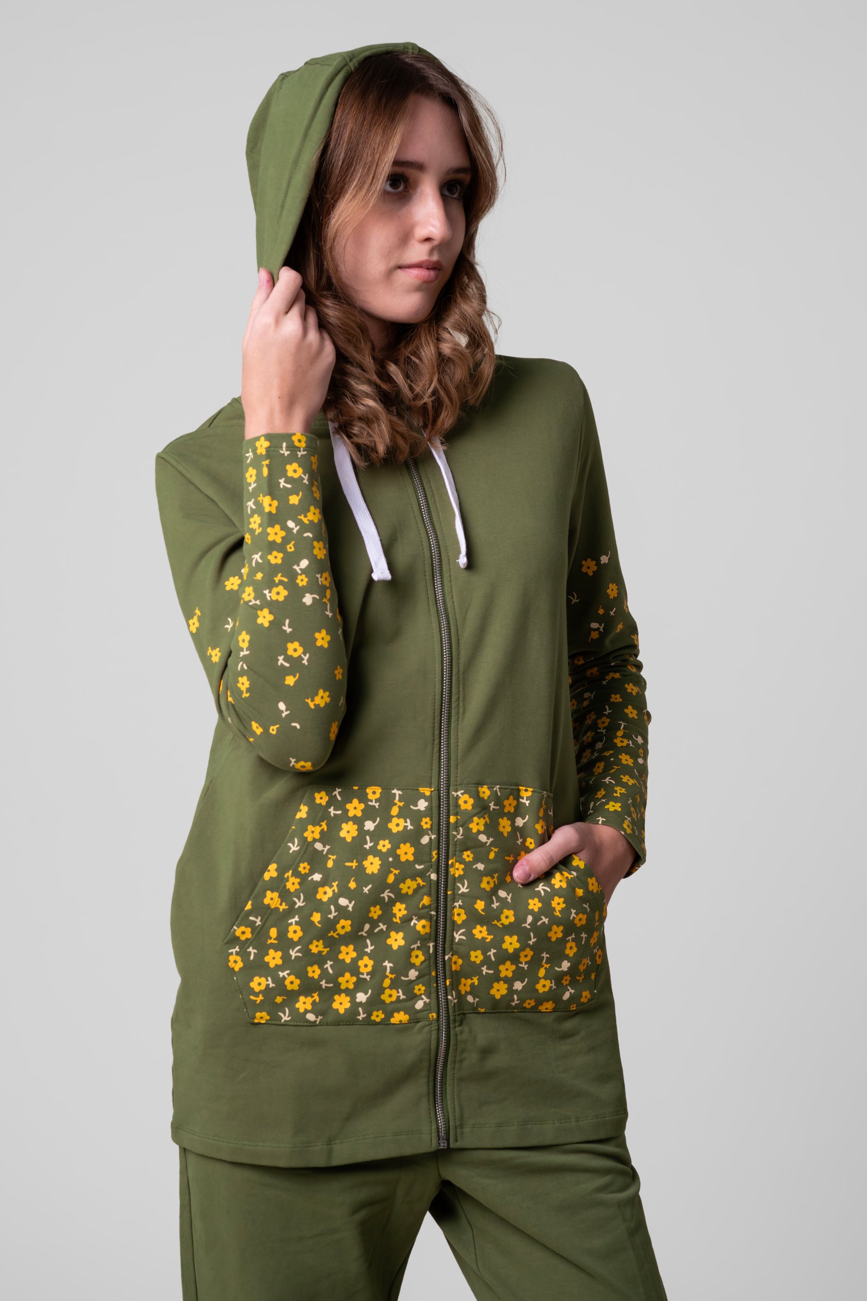 Enorsia Women's Green Longline Zip Front Hoodie - Uk 12