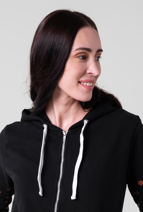 Women Black Longline Zip Front Hoodie