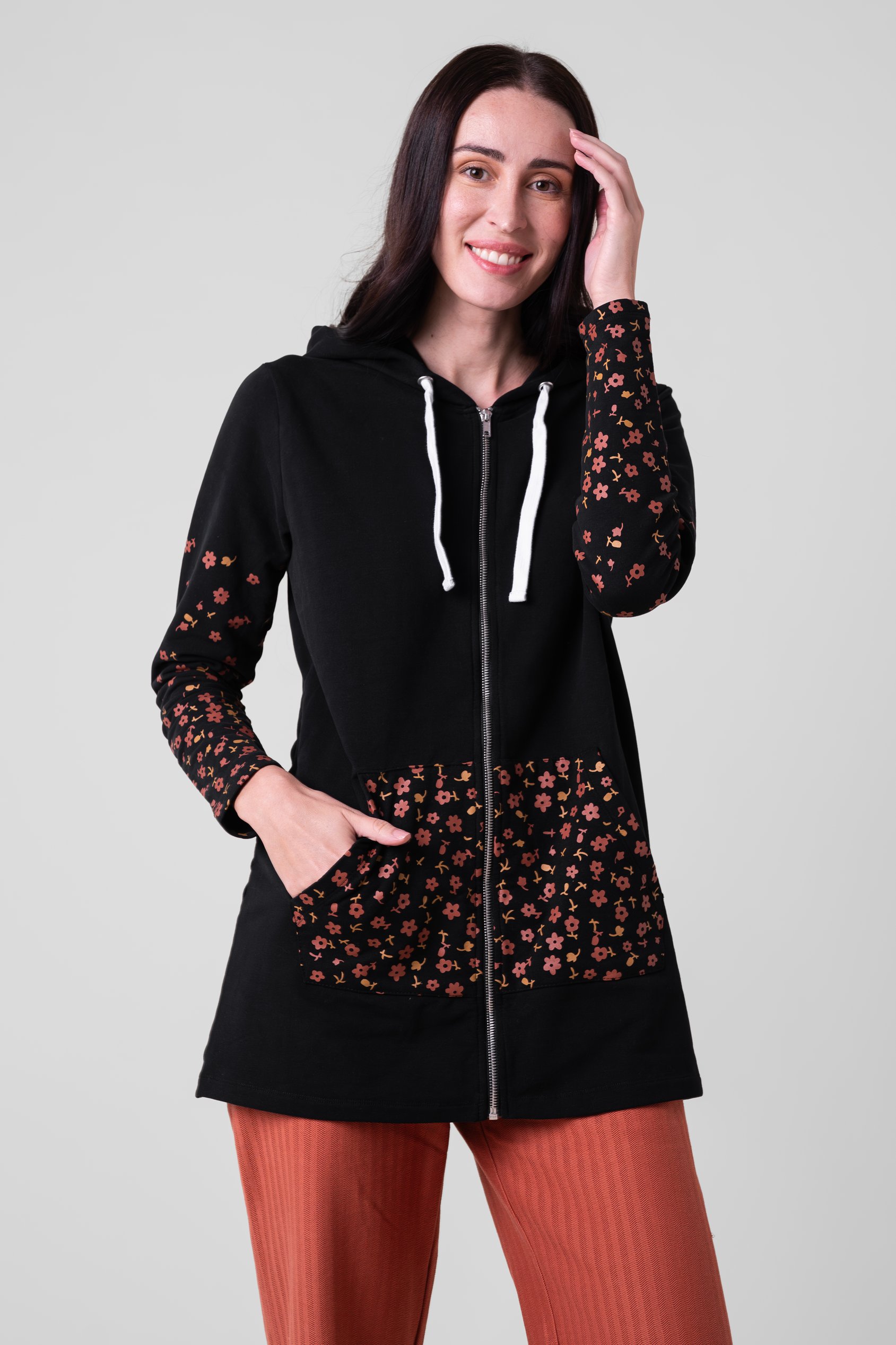 Enorsia Women's Black Longline Zip Front Hoodie - Uk 14