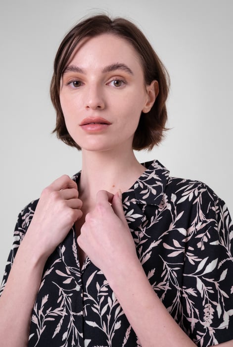 Womens Black Leaf Print Dress With Collar