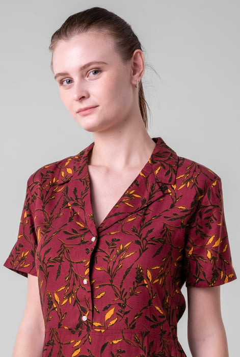 Womens Red Leaf Print Dress With Collar
