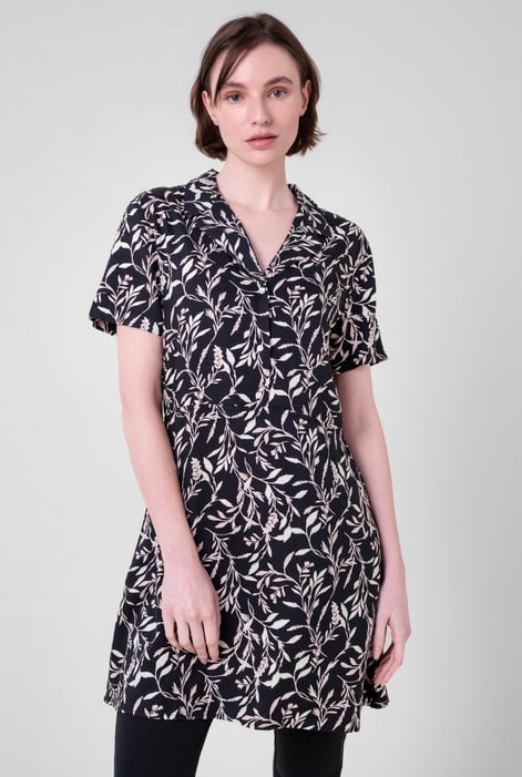 Womens Navy Leaf Print Dress With Collar