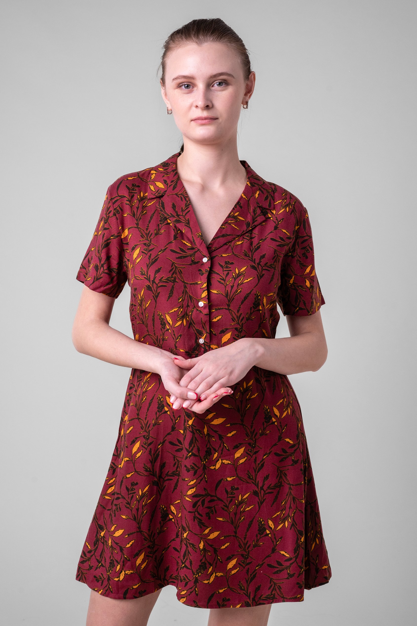 Enorsia Women's Red Leaf Print Dress With Collar - Uk 14