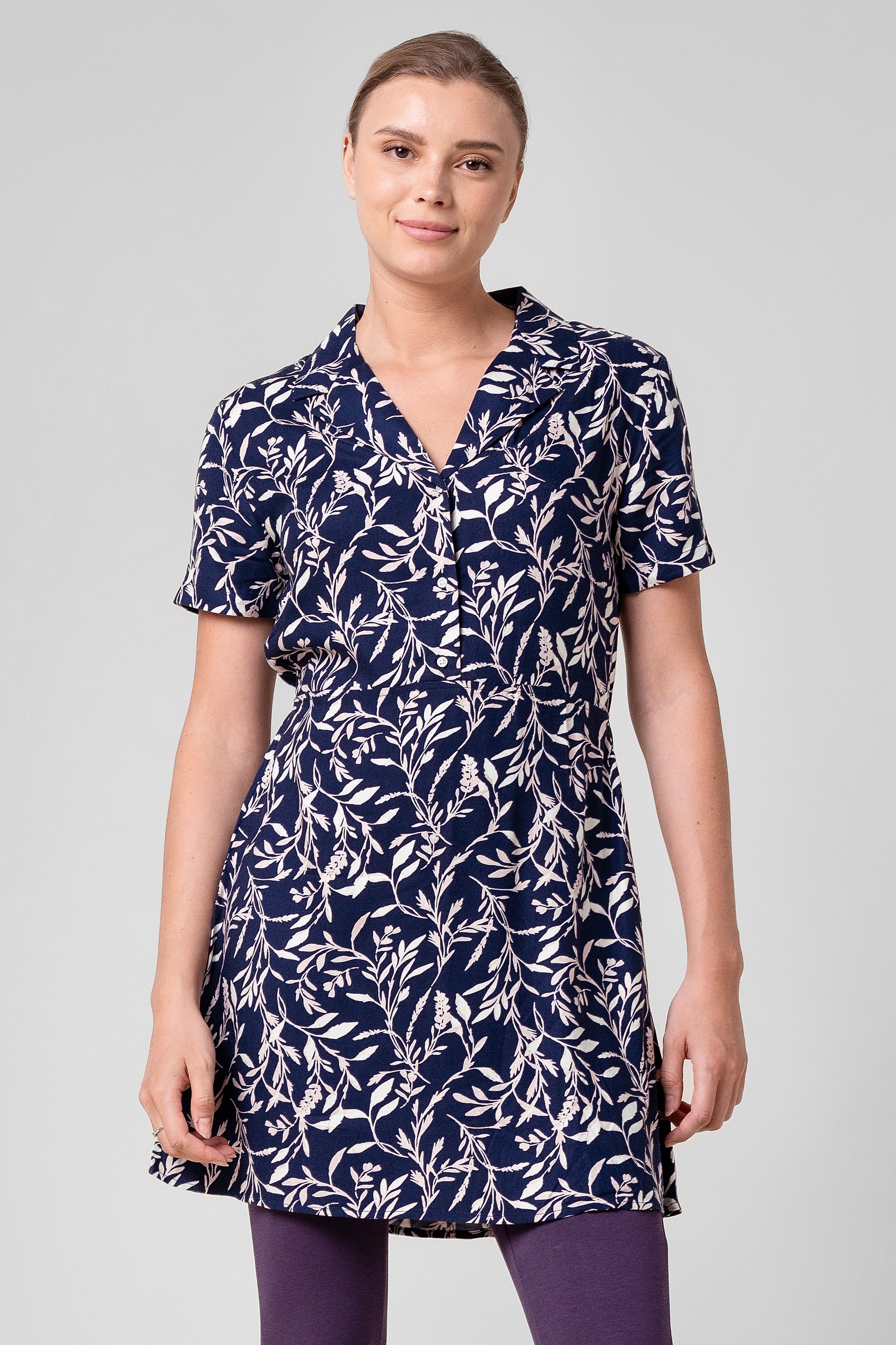 Enorsia Women's Navy Leaf Print Dress With Collar - Uk 14