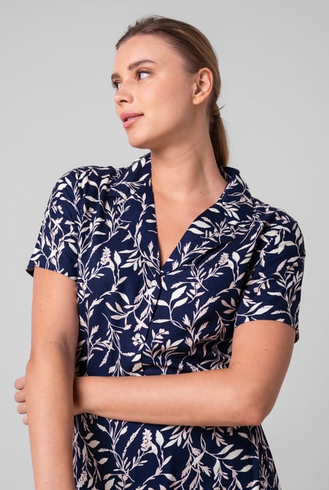 Womens Navy Leaf Print Dress With Collar