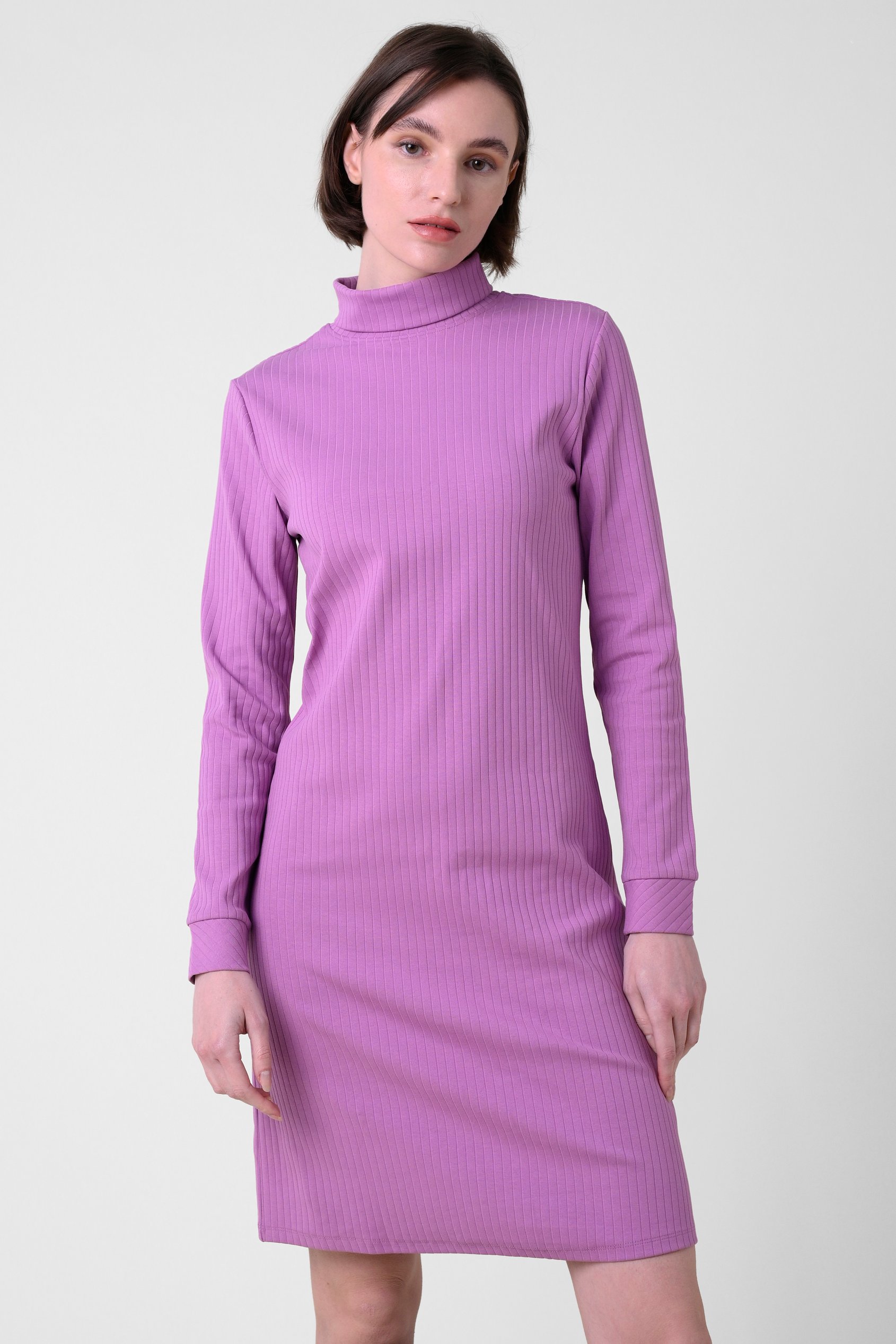 Enorsia Women's Purple Ribbed Roll Neck Long Sleeve Mini Dress - Uk 14
