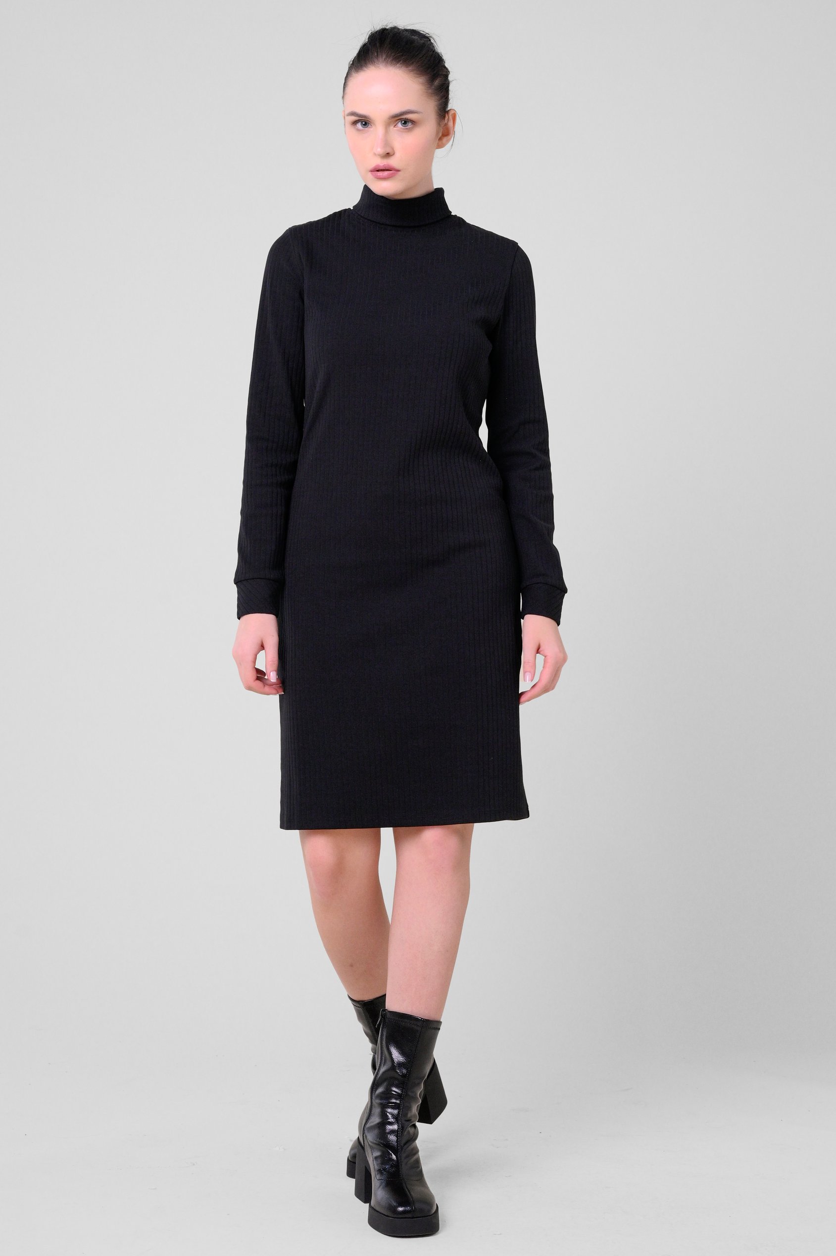 Enorsia Women's Black Ribbed Roll Neck Long Sleeve Mini Dress - Uk 14