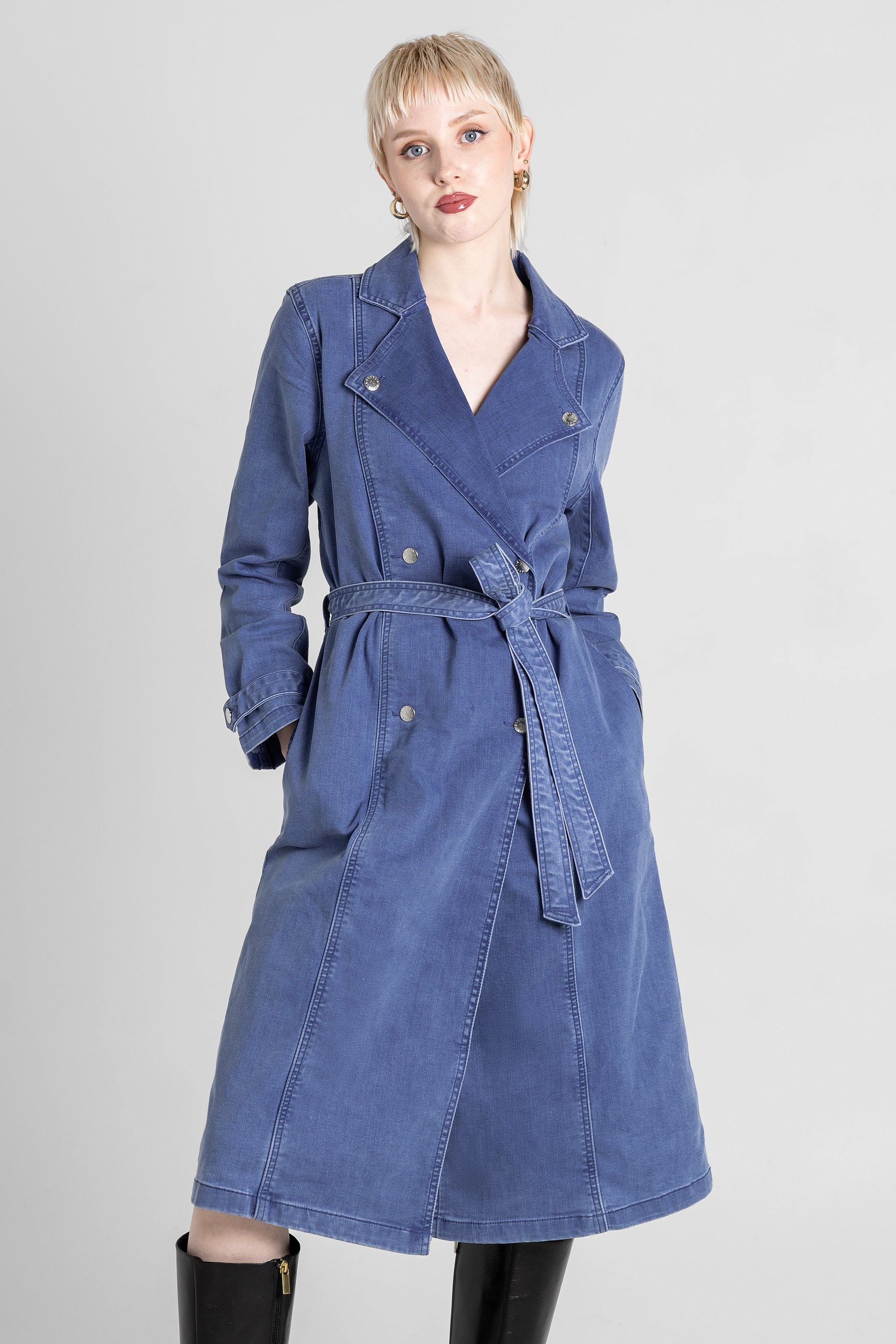 Enorsia Women's Mid Blue Denim Belted Trench Coat - Uk 10