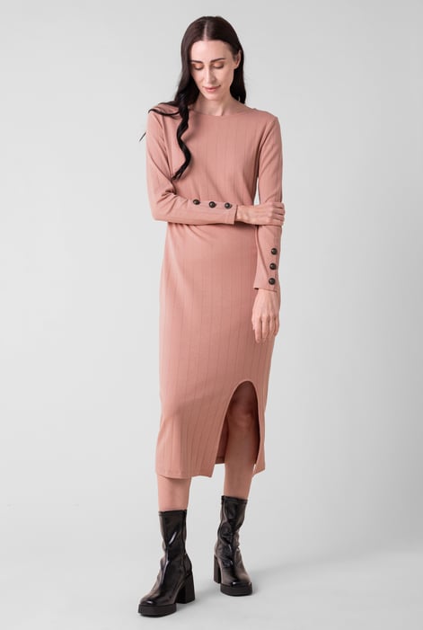 Cream Ruched Button Decor Long Sleeve Tunic Dress