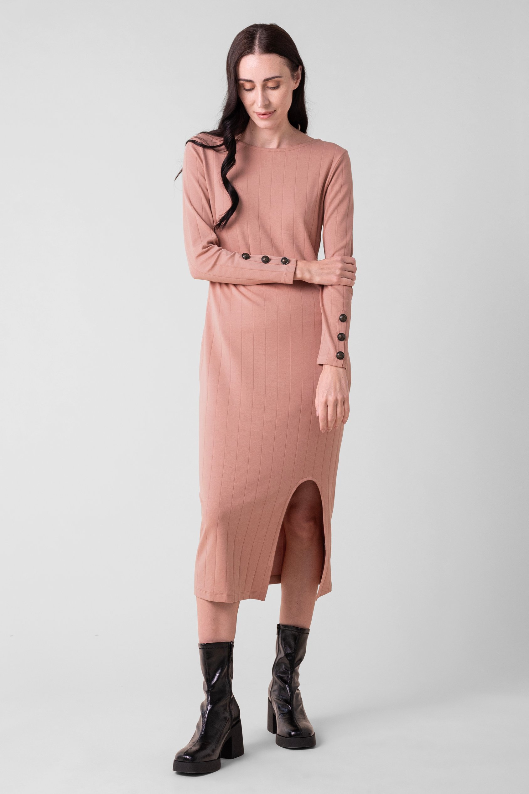 Enorsia Women's Cream Ribbed Jersey Column Midi Dress With Side Split - Uk 18
