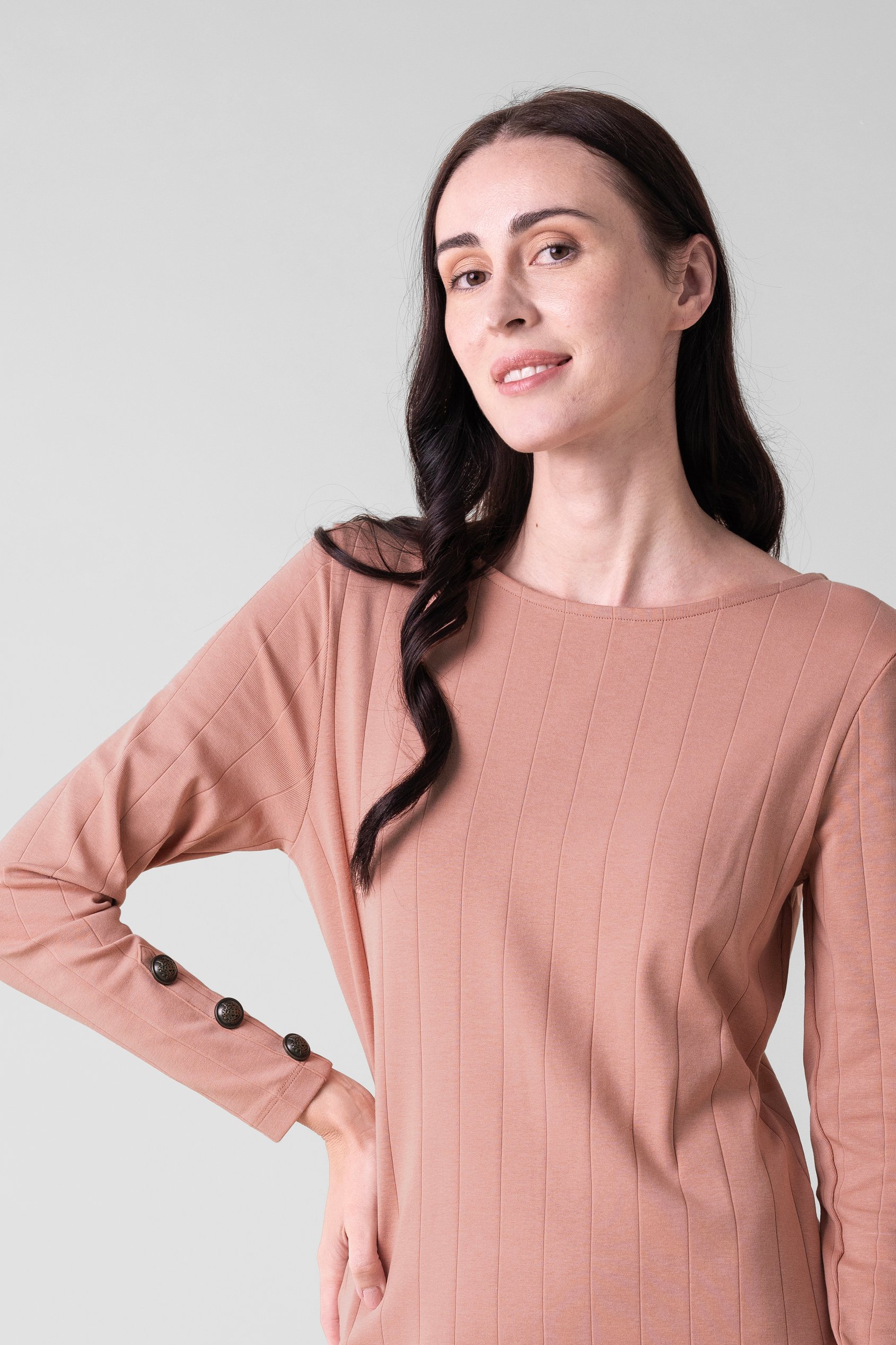 Ruched Button Decor Long Sleeve Tunic Dress