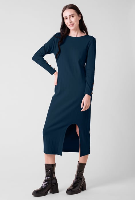 Cream Ruched Button Decor Long Sleeve Tunic Dress