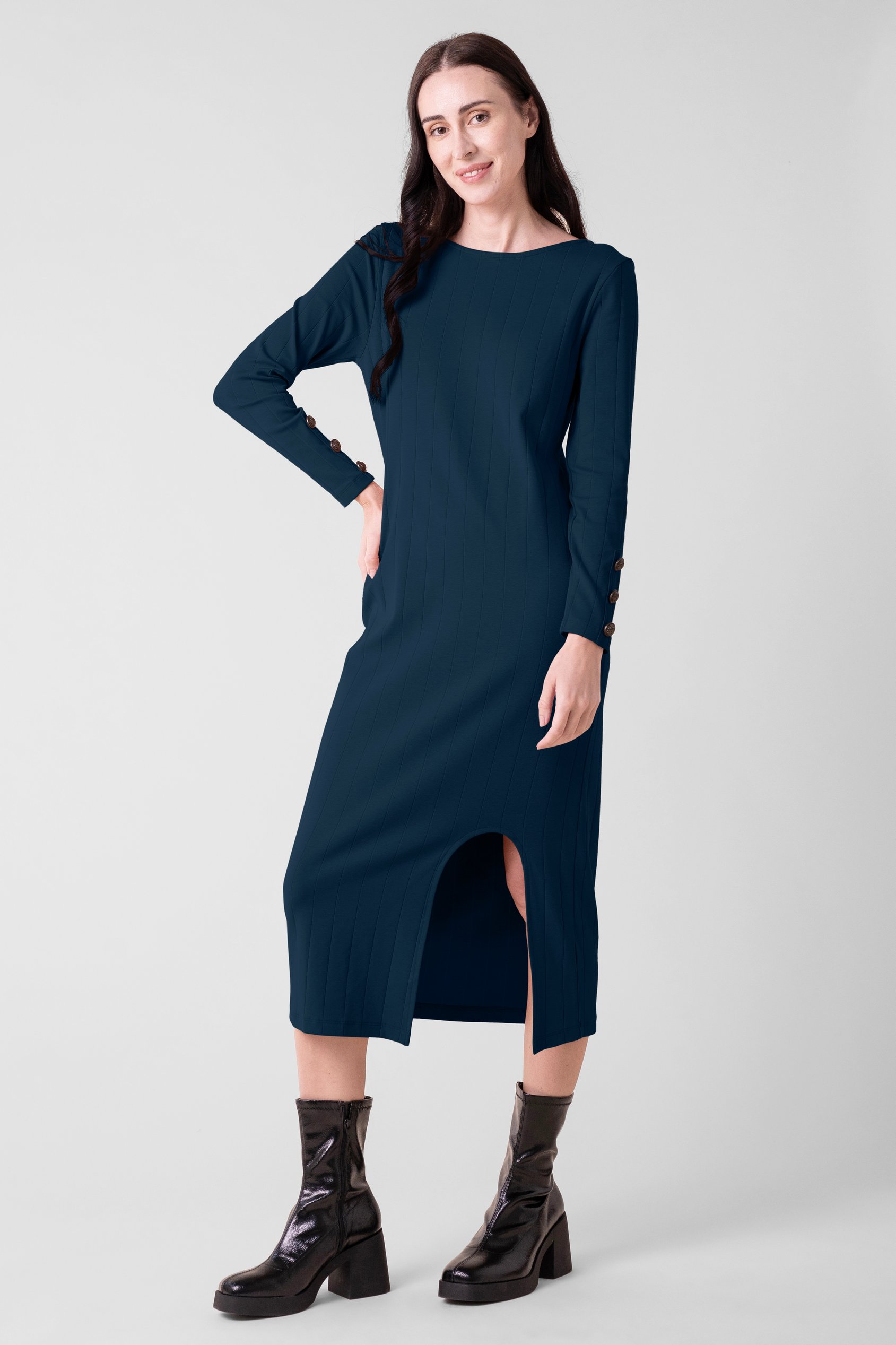 Enorsia Women's Green Ribbed Jersey Column Midi Dress With Side Split - Uk 18