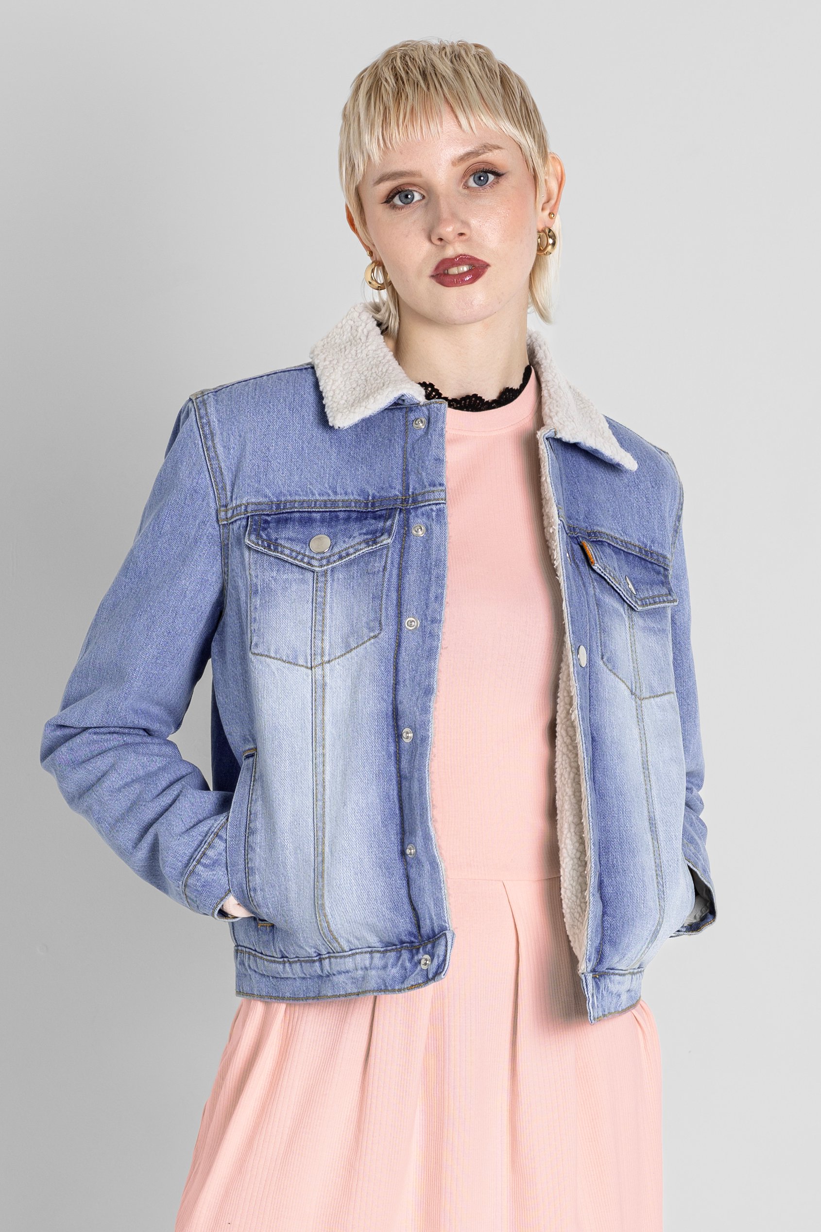 Blue Sherpa Borg Lined Regular Fit Denim Jacket
