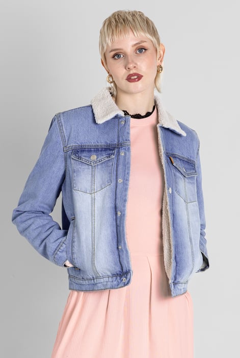 Light Blue Sherpa Borg Lined Regular Fit Denim Jacket