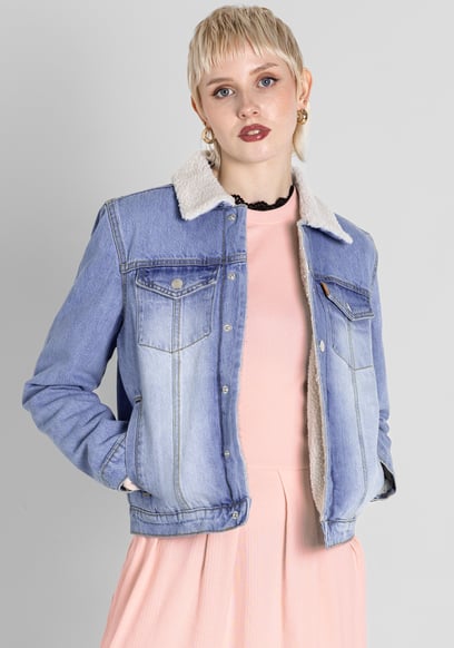 Blue Sherpa Borg Lined Regular Fit Denim Jacket
