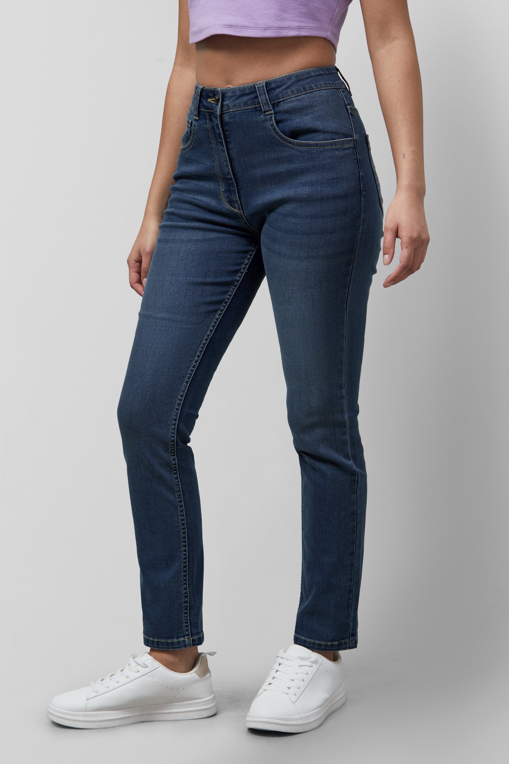 Enorsia Women's Deep Blue Mid Waist Slim Fit Jeans - Uk 12