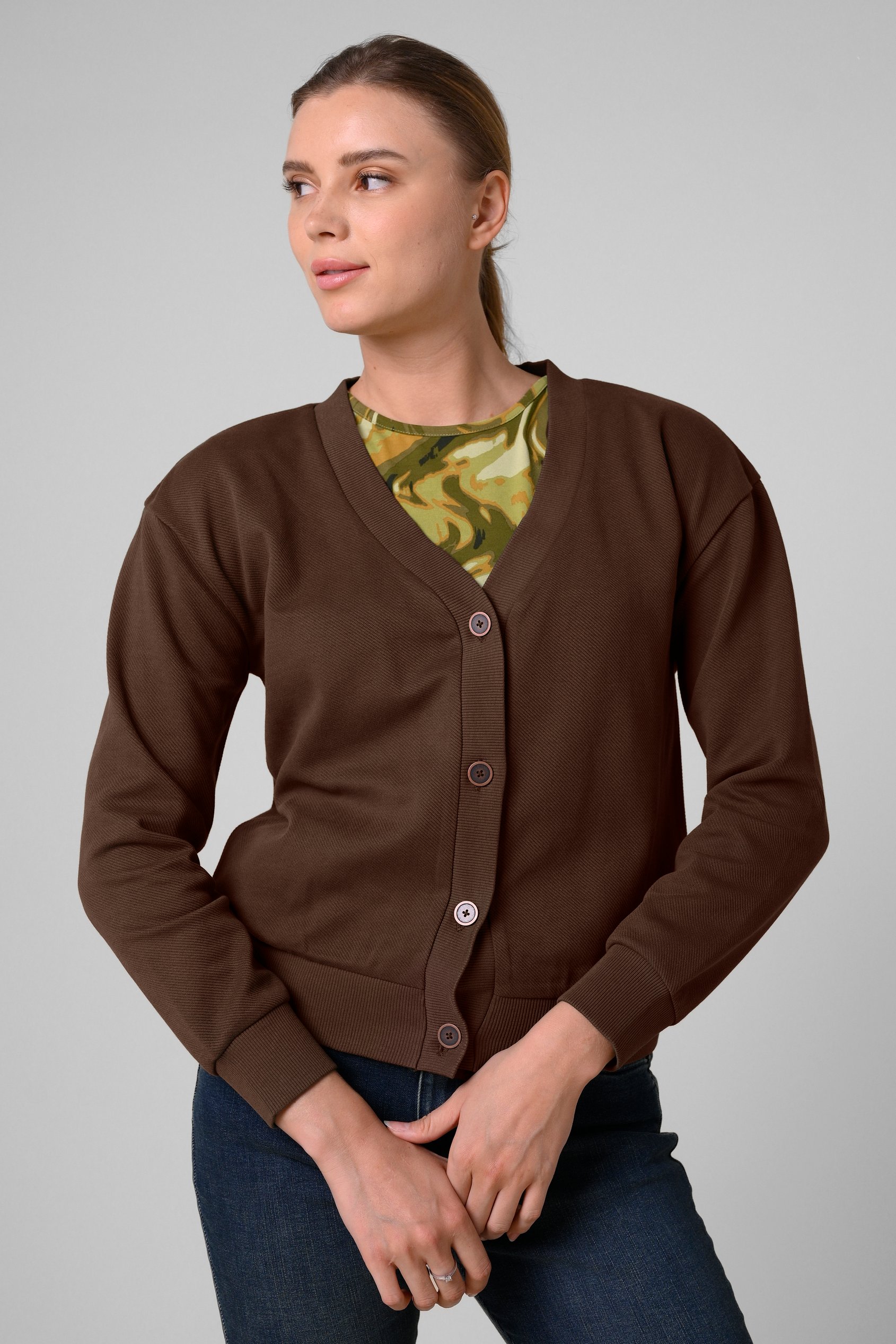 Enorsia Women's Brown Jersey Button Through Cardigan - Uk 8