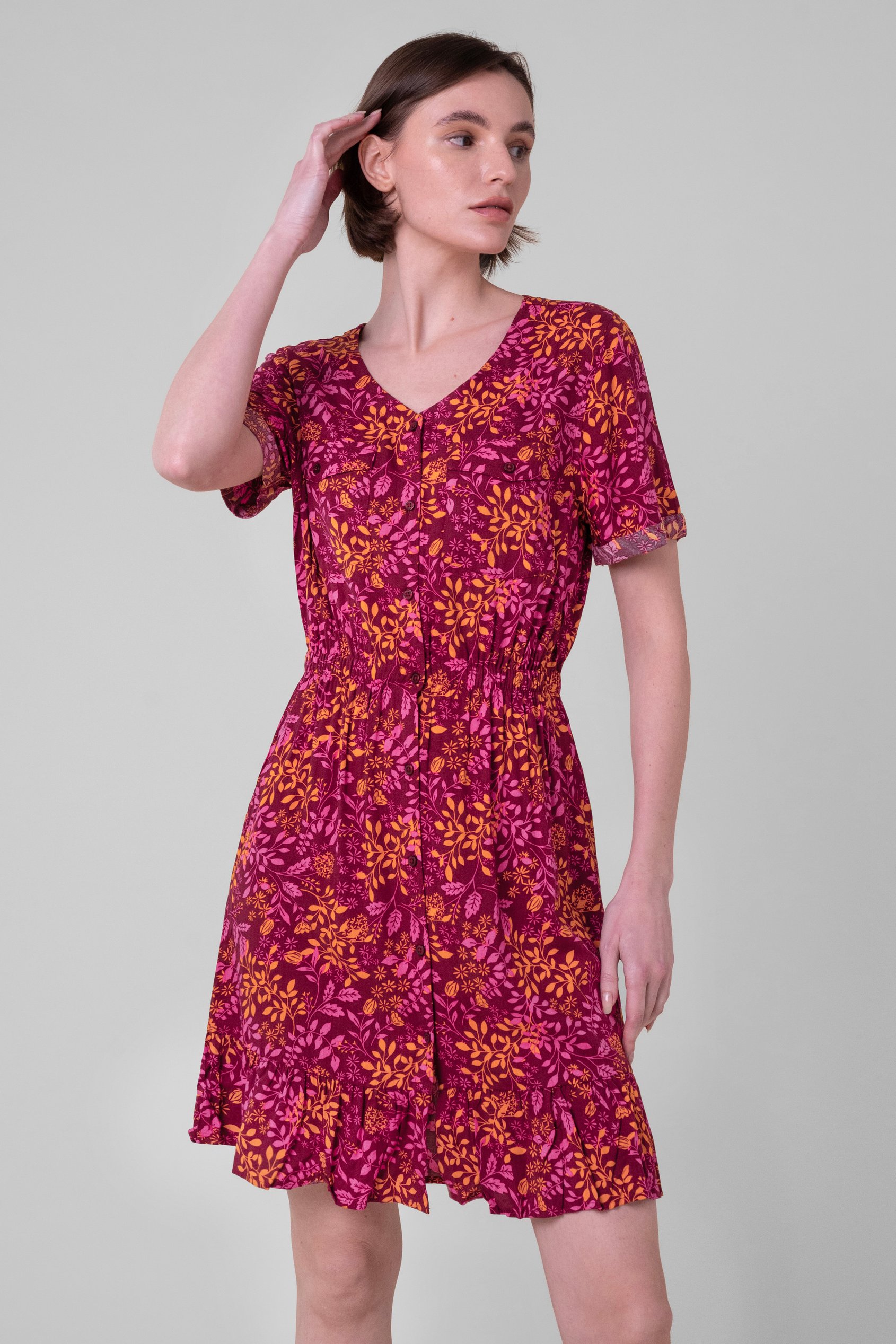 Enorsia Women's Red V-Neck Button Through Dress - Uk 16