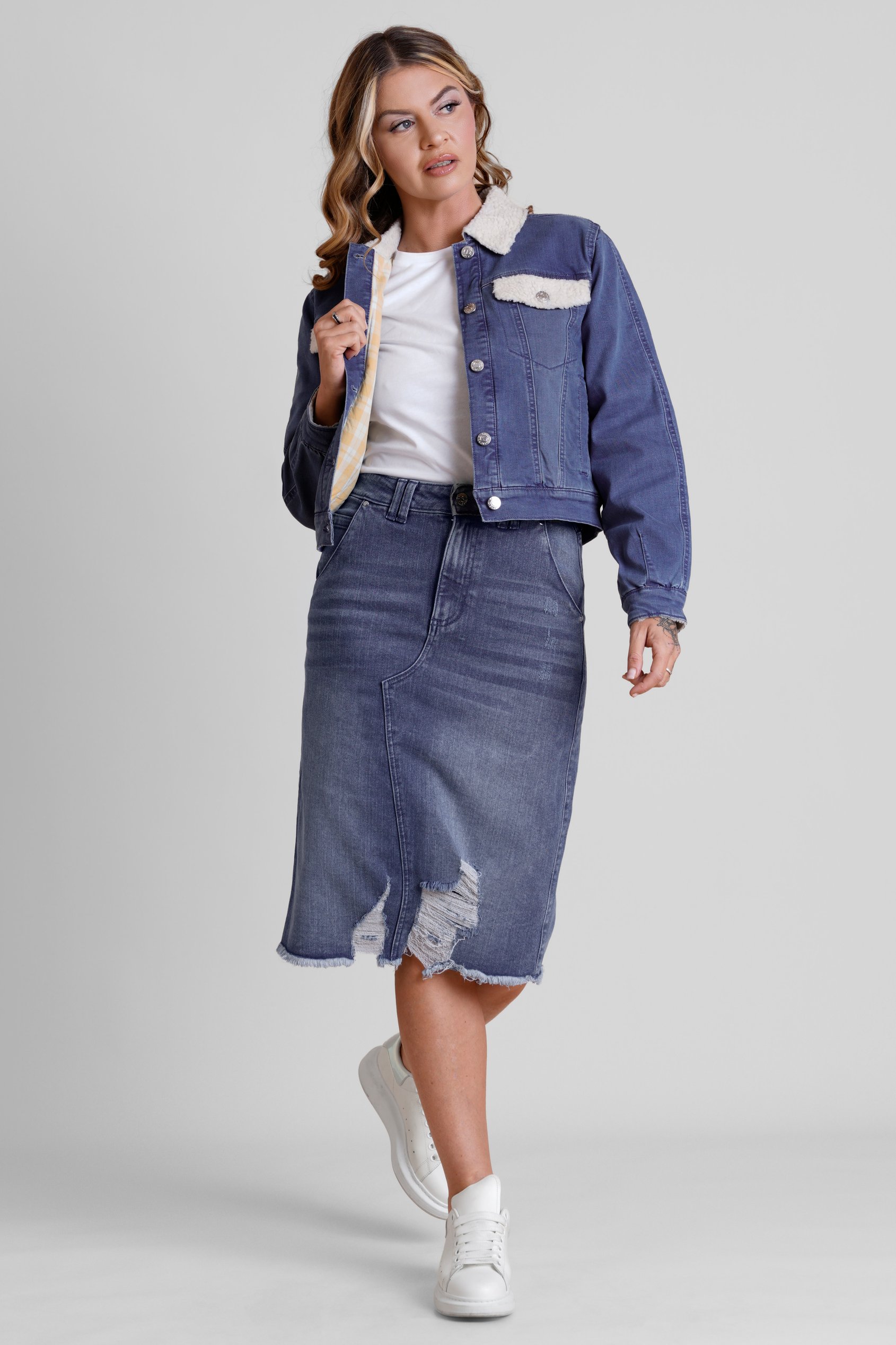 Borg Collar Cropped Denim Jacket