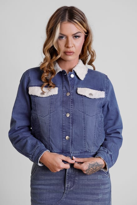 Borg Collar Cropped Denim Jacket