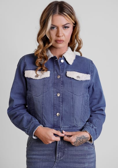 Borg Collar Cropped Denim Jacket