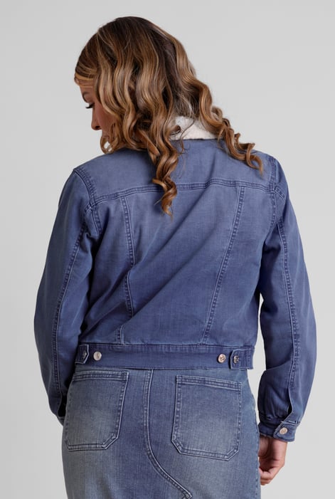 Mid Blue Borg Collar Cropped Denim Jacket
