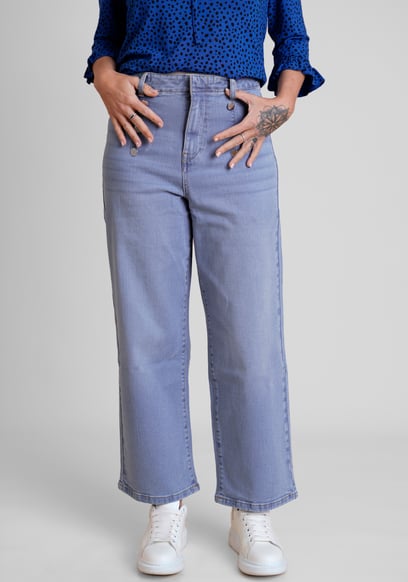 Decorative Button Cropped Wide Leg Jeans