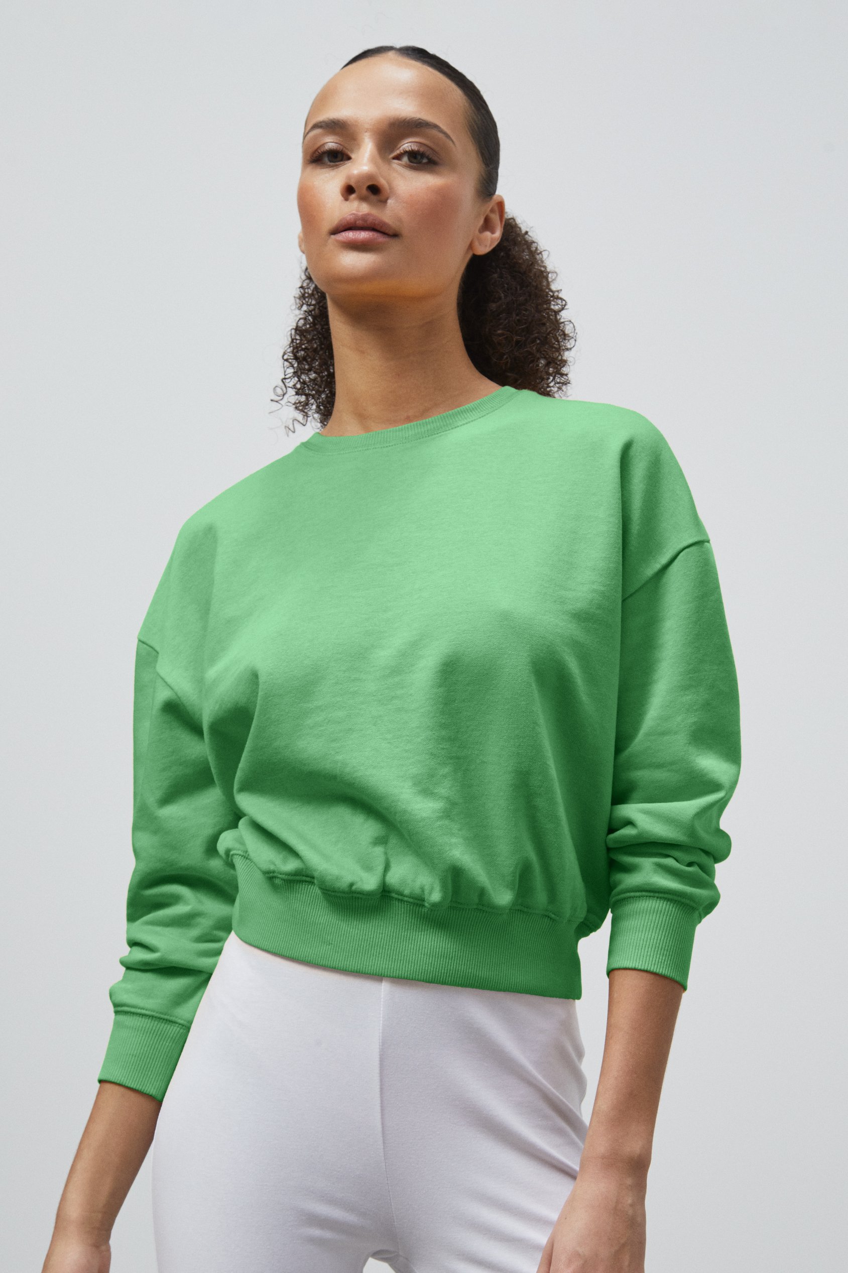 Enorsia Women's Green Ribbed Hem Cropped Sweatshirt - Uk 18