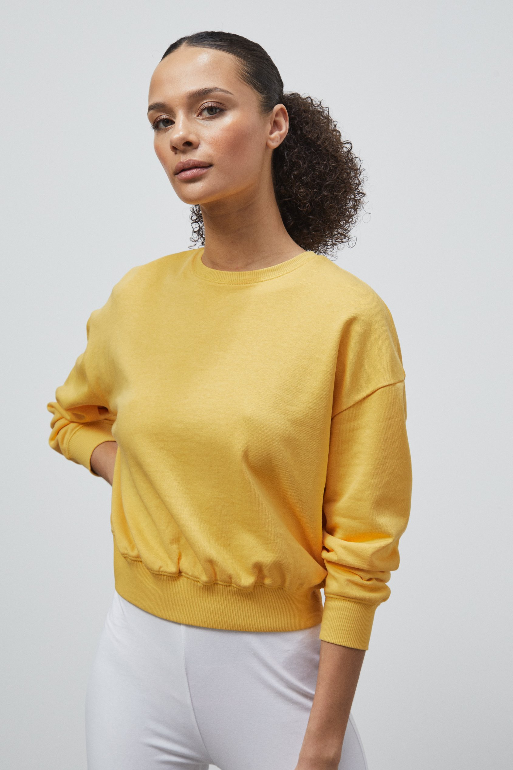 Enorsia Women's Yellow Ribbed Hem Cropped Sweatshirt - Uk 18