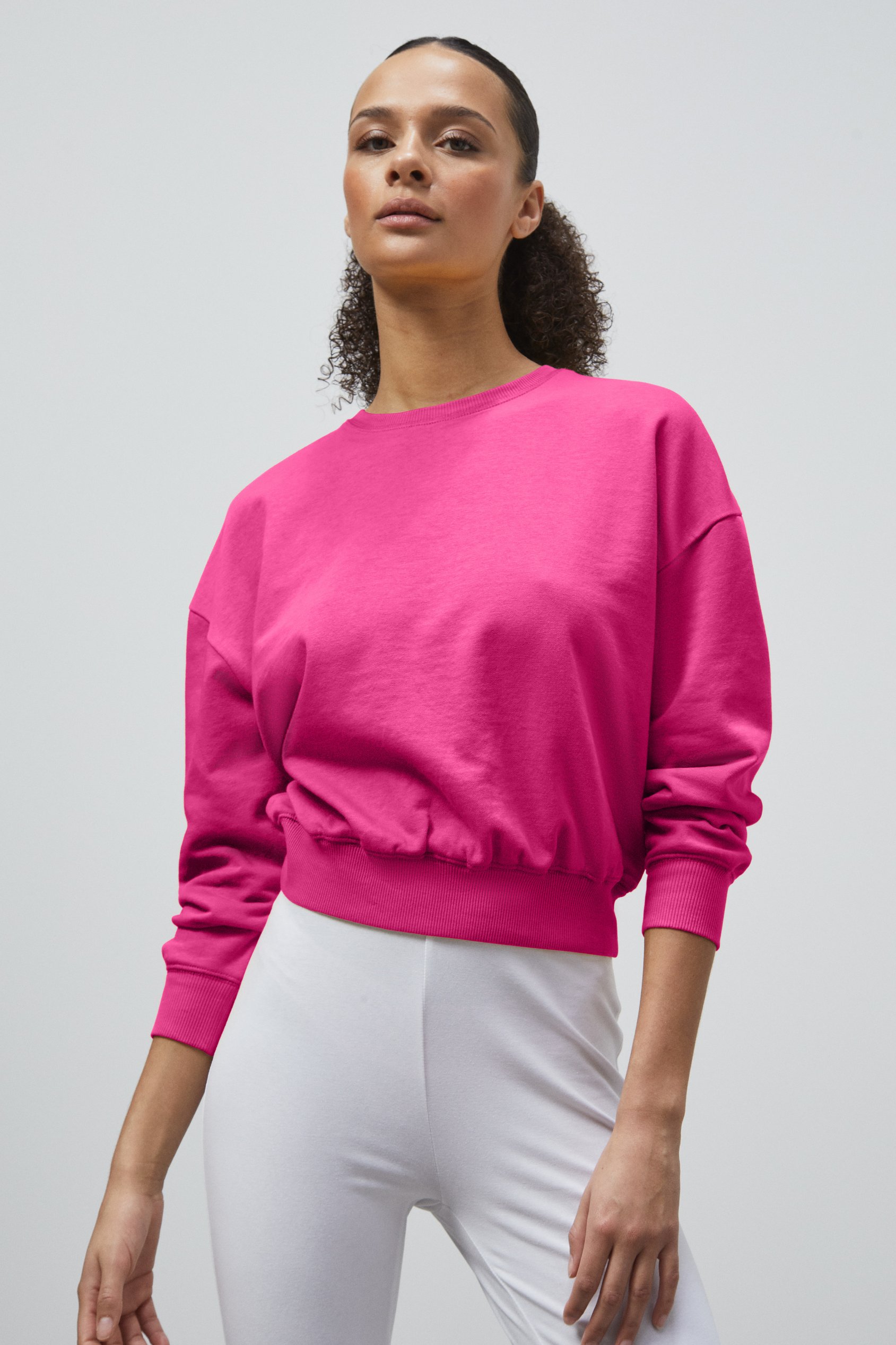 Enorsia Women's Pink Ribbed Hem Cropped Sweatshirt - Uk 18